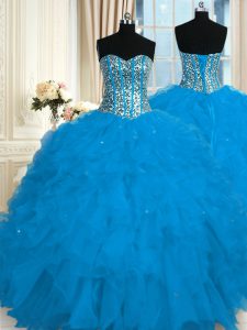 Inexpensive Sleeveless Floor Length Beading and Ruffles Lace Up Sweet 16 Quinceanera Dress with Blue