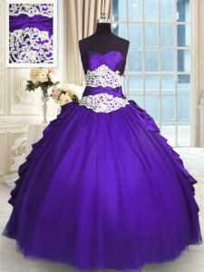 Purple Lace Up Ball Gown Prom Dress Beading and Lace and Appliques and Ruching and Pick Ups Sleeveless Floor Length