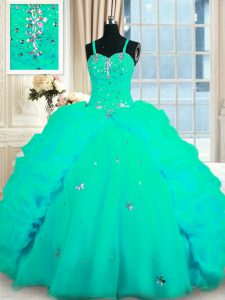 Turquoise Organza Lace Up Quinceanera Dresses Sleeveless With Train Sweep Train Beading and Ruffles