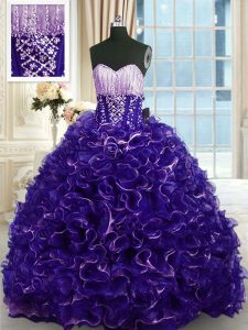 Fashionable Organza Sweetheart Sleeveless Brush Train Lace Up Beading and Ruffles Quinceanera Gown in Purple