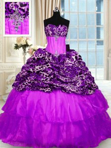 Unique Purple Lace Up Strapless Beading and Ruffled Layers Sweet 16 Dresses Organza and Printed Sleeveless Sweep Train