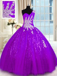 New Style Purple One Shoulder Neckline Appliques Sweet 16 Quinceanera Dress Sleeveless Lace Up
