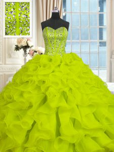 Custom Designed Yellow Green Sleeveless Organza Brush Train Lace Up Ball Gown Prom Dress for Military Ball and Sweet 16 and Quinceanera