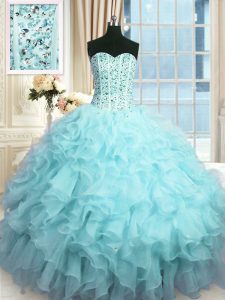 Sweetheart Sleeveless Quinceanera Gowns Floor Length Beading and Ruffles and Sequins Baby Blue Organza