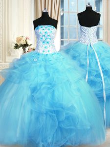 Sweet Strapless Sleeveless Sweet 16 Dresses Floor Length Pick Ups and Hand Made Flower Baby Blue Tulle