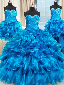 Decent Four Piece Beading and Ruffles and Ruching 15 Quinceanera Dress Blue Lace Up Sleeveless Floor Length