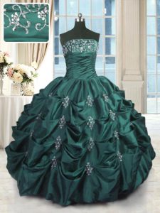 Custom Designed Peacock Green Lace Up Strapless Beading and Appliques and Embroidery and Pick Ups Quinceanera Dresses Taffeta Sleeveless