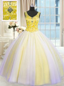 Captivating Sequins V-neck Sleeveless Lace Up Quinceanera Gowns Multi-color Tulle