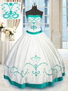 Ball Gowns Sweet 16 Quinceanera Dress White Strapless Satin Sleeveless Floor Length Lace Up