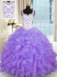 Fashionable Lavender Sleeveless Floor Length Beading and Appliques and Ruffles Lace Up Vestidos de Quinceanera