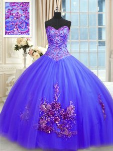 Chic Blue Sleeveless Floor Length Embroidery Lace Up 15 Quinceanera Dress
