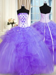Perfect Lavender Lace Up Strapless Pick Ups and Hand Made Flower Ball Gown Prom Dress Tulle Sleeveless