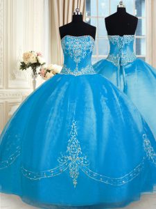 Shining Baby Blue Sleeveless Tulle Lace Up Vestidos de Quinceanera for Military Ball and Sweet 16 and Quinceanera