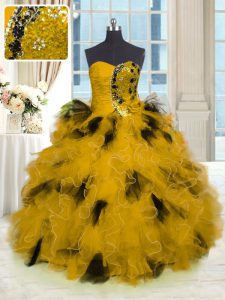 Customized Gold Strapless Lace Up Beading and Ruffles Quinceanera Dress Sleeveless