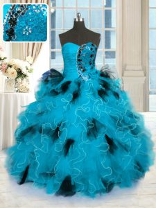 Beading and Ruffles Quince Ball Gowns Blue And Black Lace Up Sleeveless Floor Length