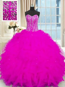 Great Floor Length Lace Up Quinceanera Dresses Fuchsia for Military Ball and Sweet 16 and Quinceanera with Beading and Ruffles