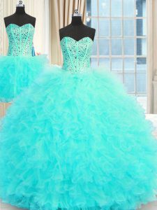 Simple Three Piece Aqua Blue Strapless Lace Up Beading and Ruffles Quinceanera Dresses Sleeveless