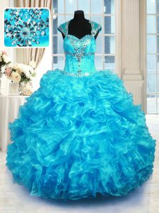 Elegant Cap Sleeves Floor Length Beading and Ruffles Lace Up Quinceanera Dress with Aqua Blue