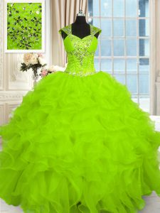 Trendy Cap Sleeves Floor Length Beading and Ruffles Lace Up Quinceanera Gown with