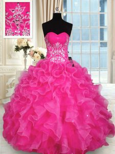 Charming Hot Pink Lace Up Sweet 16 Dress Beading and Appliques and Ruffles Sleeveless Floor Length