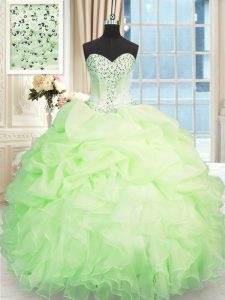 Modest Sleeveless Floor Length Beading and Ruffles Lace Up Ball Gown Prom Dress with Apple Green