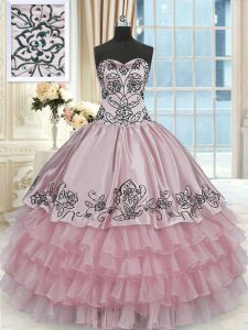 Fancy Pink Organza and Taffeta Lace Up Quinceanera Dress Sleeveless Floor Length Beading and Embroidery and Ruffled Layers