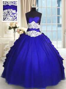 Floor Length Royal Blue Quinceanera Gowns Taffeta and Tulle Sleeveless Beading and Lace and Appliques and Ruching and Pick Ups