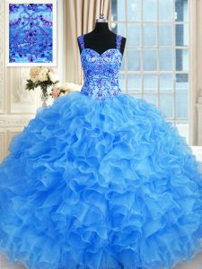 Sweetheart Sleeveless Organza Sweet 16 Quinceanera Dress Beading and Embroidery and Ruffles Lace Up