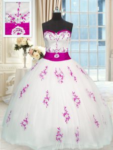 Smart Sleeveless Floor Length Appliques and Belt Lace Up Quinceanera Dress with White