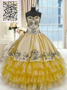 Gold Sleeveless Floor Length Beading and Embroidery and Ruffled Layers Lace Up Sweet 16 Quinceanera Dress