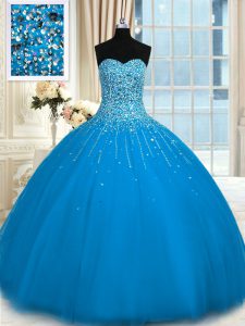 Teal Ball Gowns Beading and Ruffles Quinceanera Gown Lace Up Tulle Sleeveless Floor Length