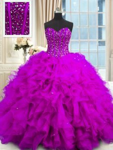 Luxurious Purple Organza Lace Up Sweetheart Sleeveless Floor Length Sweet 16 Quinceanera Dress Beading and Ruffles and Sequins