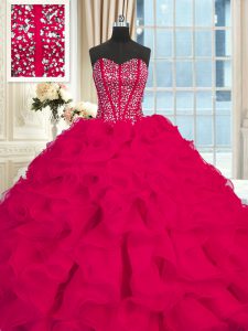 Artistic Red Ball Gowns Organza Sweetheart Sleeveless Beading and Ruffles Lace Up Sweet 16 Quinceanera Dress Brush Train