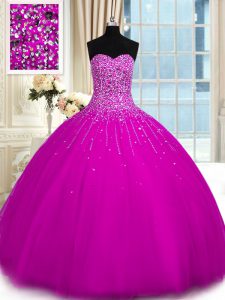 Fuchsia Quinceanera Dress Military Ball and Sweet 16 and Quinceanera and For with Beading Sweetheart Sleeveless Lace Up