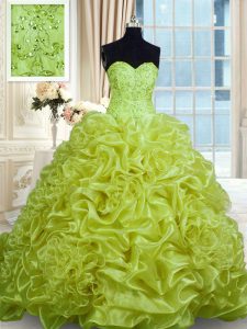 Olive Green Ball Gowns Organza Sweetheart Sleeveless Beading and Pick Ups With Train Lace Up Sweet 16 Dress Sweep Train