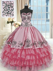 Decent Rose Pink Lace Up Sweetheart Beading and Embroidery and Ruffled Layers Quinceanera Dress Organza and Taffeta Sleeveless