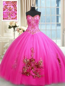 Hot Pink Lace Up Quinceanera Gowns Beading and Appliques and Embroidery Sleeveless Floor Length