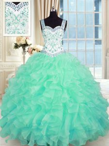 Turquoise Vestidos de Quinceanera Military Ball and Sweet 16 and Quinceanera and For with Beading and Appliques and Ruffles Sweetheart Sleeveless Lace Up