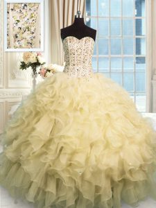 Champagne Sweetheart Neckline Beading and Ruffles Sweet 16 Quinceanera Dress Sleeveless Lace Up