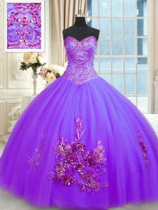 Simple Floor Length Purple Quince Ball Gowns Sweetheart Sleeveless Lace Up