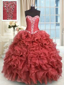 Rust Red Lace Up Sweetheart Beading and Ruffles Ball Gown Prom Dress Organza Sleeveless