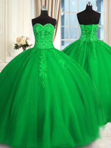 Sleeveless Floor Length Appliques and Embroidery Lace Up Sweet 16 Dresses with Green