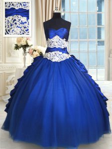 Sleeveless Organza and Taffeta and Tulle Floor Length Lace Up Vestidos de Quinceanera in Royal Blue with Beading and Lace and Appliques and Ruffles and Pick Ups