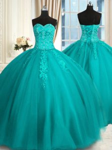 Deluxe Tulle Sweetheart Sleeveless Lace Up Appliques and Embroidery 15 Quinceanera Dress in Teal