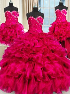 Four Piece Sweetheart Sleeveless Organza Quinceanera Gown Beading and Ruffles and Ruching Lace Up