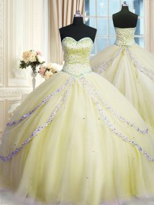 Latest Organza Sweetheart Sleeveless Court Train Lace Up Beading and Appliques Ball Gown Prom Dress in Light Yellow