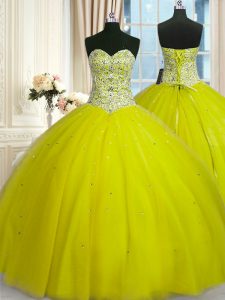 Hot Sale Beading and Sequins 15 Quinceanera Dress Yellow Green Lace Up Sleeveless Floor Length