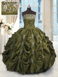 Comfortable Floor Length Olive Green Quince Ball Gowns Taffeta Sleeveless Beading and Appliques and Embroidery and Pick Ups
