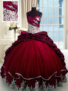 Fabulous Wine Red Sweetheart Lace Up Beading and Appliques and Pick Ups Sweet 16 Quinceanera Dress Brush Train Sleeveless