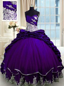 Glamorous Sleeveless Taffeta Brush Train Lace Up 15th Birthday Dress in Purple with Beading and Appliques and Pick Ups
